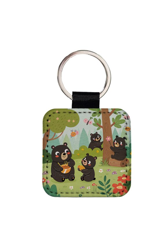 Kawaii Black Bears Faux Leather Square Keychain