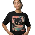 thumbnail image 1 of Kawaii Black Cat Eating Ramen Japanese Anime Graphic Crew Neck Casual Short Sleeve T-Shirt For Food Cat Lovers, 1 of 7