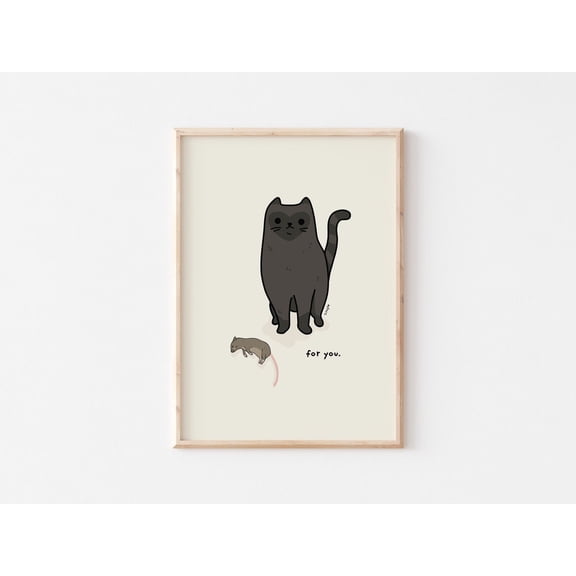 Kawaii Black Cat Wall Art Animal Illustration, Unframed Paper Print Size 8x12