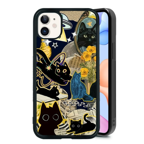Kawaii Black Cat for iPhone XR Case, Cute Aesthetic Artistic Puzzle Shock-Absorbent Protective,Black