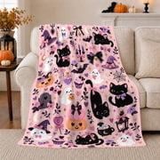 Kawaii Black Cats Chibi Ghosts autumn celebration, Playful Pet Portrait Pattern, Warm Flannel Blanket for Living Room and Bedroom, Cat Lovers autumn celebration Gift, Pet Lover Home Decor
