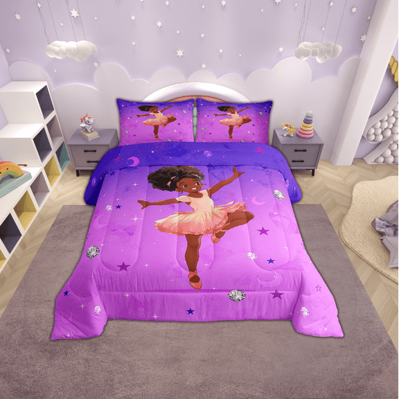 Kawaii Black Girls Bedding Set Twin American African Girl Twin Comforter, Psychedelic Purple Galaxy Duvet Insert Ballet Princess Quilt Comforter, Glitter Diamonds Stars Bedding Comforters & Sets