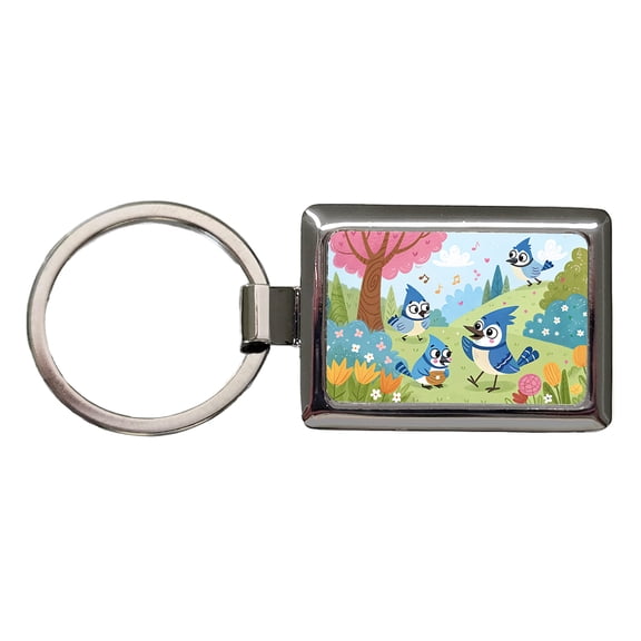 Kawaii Blue Jays Birds Metal Rectangle Keychain