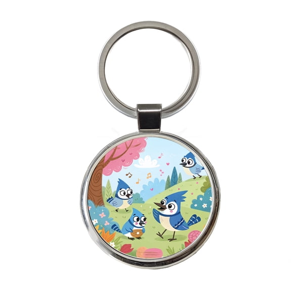 Kawaii Blue Jays Birds Metal Round Keychain