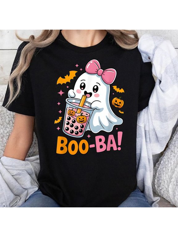 Kawaii Boba Cute Boo Ghost Halloween Girl Women Coquette Bow T-Shirt, Sizes S-5XL, Gategoo