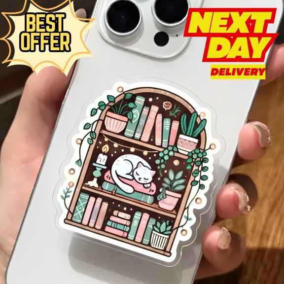 Kawaii Book Nook Cat Phone, Cute Cat In Bookshelf With Plants, Phone Phone Grip, Book Lover Phone Holder, E-Reader Accessory