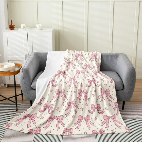 Kawaii Bow All Season,Bed Blanket Girls Bow Plush Throw Blanket, for Kids Boys Girls Teens Bow Flannel Fleece Blanket 40"x50" Cute Bowknot Beige Pink