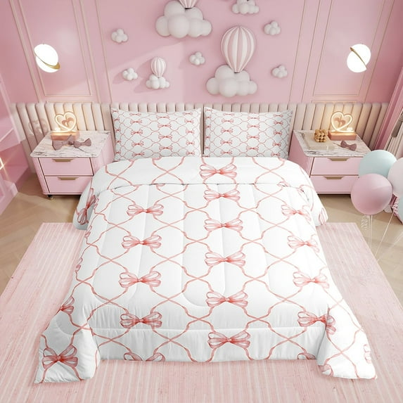 Kawaii Bow Comforter Sets Cute Bowknot Bedding Sets Full Teen Room Decor,Pink Girly Bow Down Comforter Fantasy Princess Bow Tie Quilt Set 2 Pillow Cases