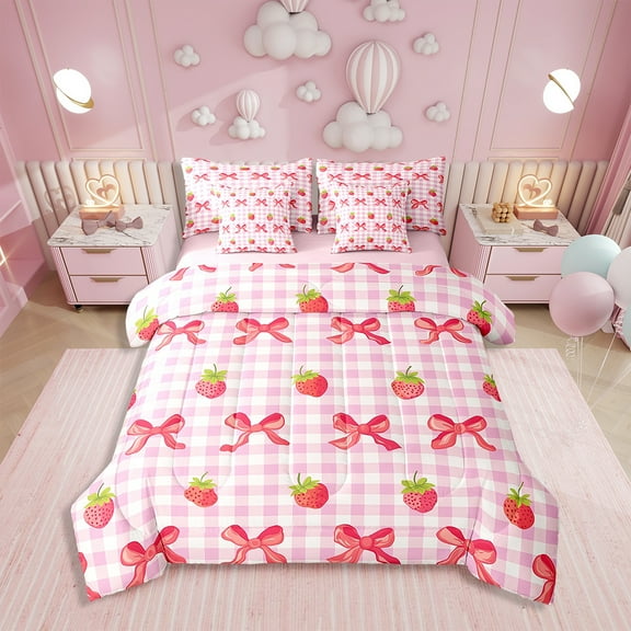 Kawaii Bow Knot Bedding Set Full Size, Cute Strawberry Fruits Soft Comforter Set, Bows Grid Women (Comforter+Fitted+Flat Sheet+2 Pillowcases+2 Throw Pillow Covers) 7 Pieces Bed Set