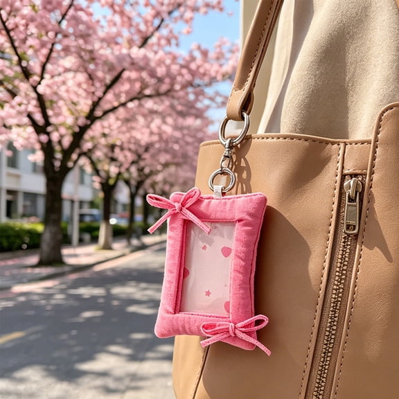 Kawaii Bow Photocard Holder 3 Inch, Cute Fabric Card Protector with Keychain for Backpack, ID Badge Holder for Students, Glamour Photocard Sleeve for Daily Carry and Gift Giving