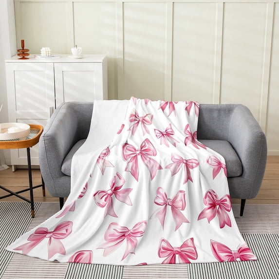 Kawaii Bowknot Fleece Blanket,Cute Bow Throw Blanket Twin 60x80 Inch for Bedroom,Dreamy Princess Style Bed Blanket,Pink Bow Tie Flannel Blanket Luxury Soft
