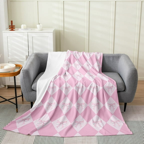 Kawaii Bowknot Fleece Blanket,Dreamy Bow Checkered Throw Blanket 30x40 Inch for Bedroom,Pink Plaid Bow Bed Blanket,Geometric Pattern Flannel Blanket Luxury Soft