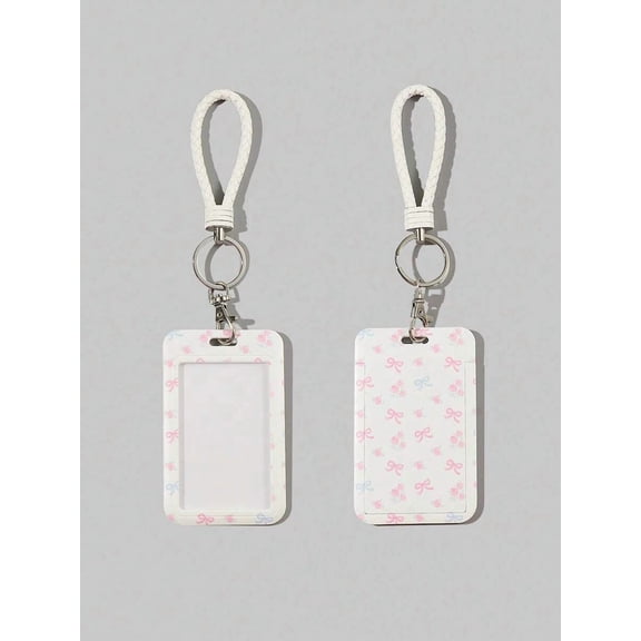 Kawaii Bowknot Flip ID Card Holder Cute Ribbon Badge Protector Case with Lanyard for Students Back to School Supplies and Office Name Tag Display 1pc