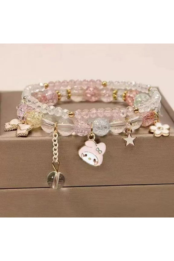 Kawaii Bracelets Kuromi Cinnamoroll Crystal Beads Bracelet Set Cute Cartoon Elastic Beaded Pearl Bracelets Jewelry for Women Girls Friendship Christmas Stocking Stuffers for Women