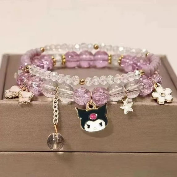 Kawaii Bracelets Kuromi Cinnamoroll Crystal Beads Bracelet Set Cute Cartoon Elastic Beaded Pearl Bracelets Jewelry for Women Girls Friendship Christmas Stocking Stuffers for Women
