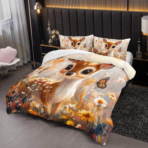 Kawaii Brown Sika Deer Themed Comforter 3Pcs Twin Wild Animal Forest Floral Butterfly Bedding Set for Kid Teen Girl Boy Adult Flower Lovely Fawn Quilt Bed Decor with 1 Comforter +2 Pillowcases