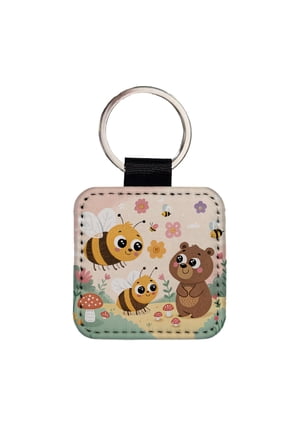 Kawaii Bumble Bees Bear Faux Leather Square Keychain