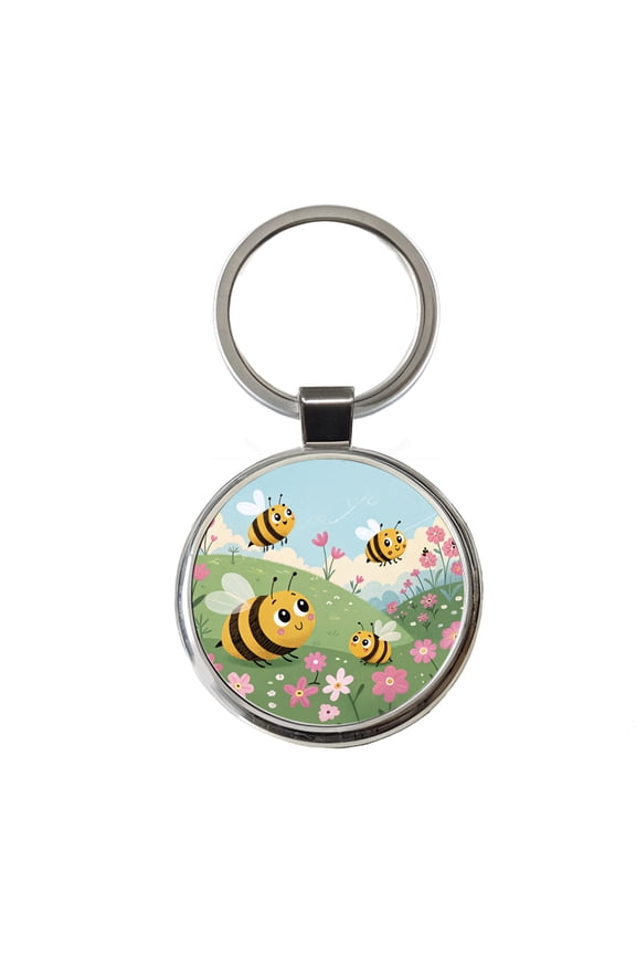 Kawaii Bumble Bees Metal Round Keychain