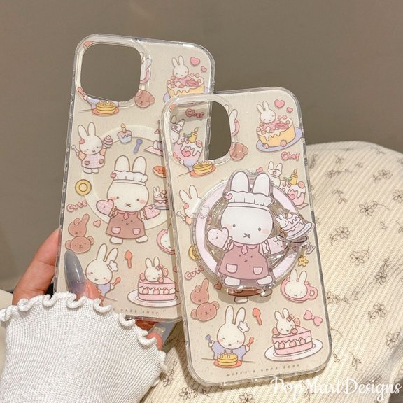 Kawaii Bunny Chef Phone Grip  Cute Bunny Design with Apron and Heart, MagSafe & Magnetic Compatible, Perfect for iPhone & Android Users