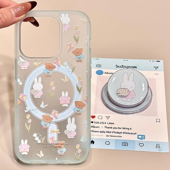 Kawaii Bunny Flower Phone Grip Cute Bunny Design with Flowers, MagSafe & Magnetic Compatible, Perfect for iPhone & Android, Adorable Spring Accessory