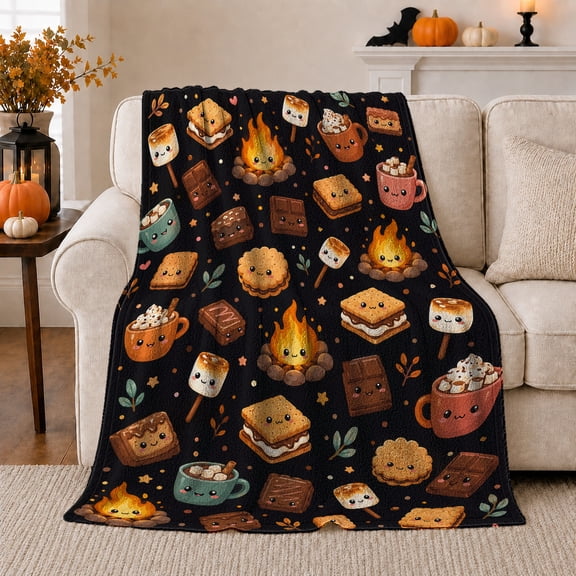 Kawaii Campfire S'Mores Repeating Pattern, Rustic Camping Scene, Warm Flannel Blanket for Cabin and Lodge with Detailed Artwork, Outdoor Lovers Thanksgiving Gift, Playful Home Decor