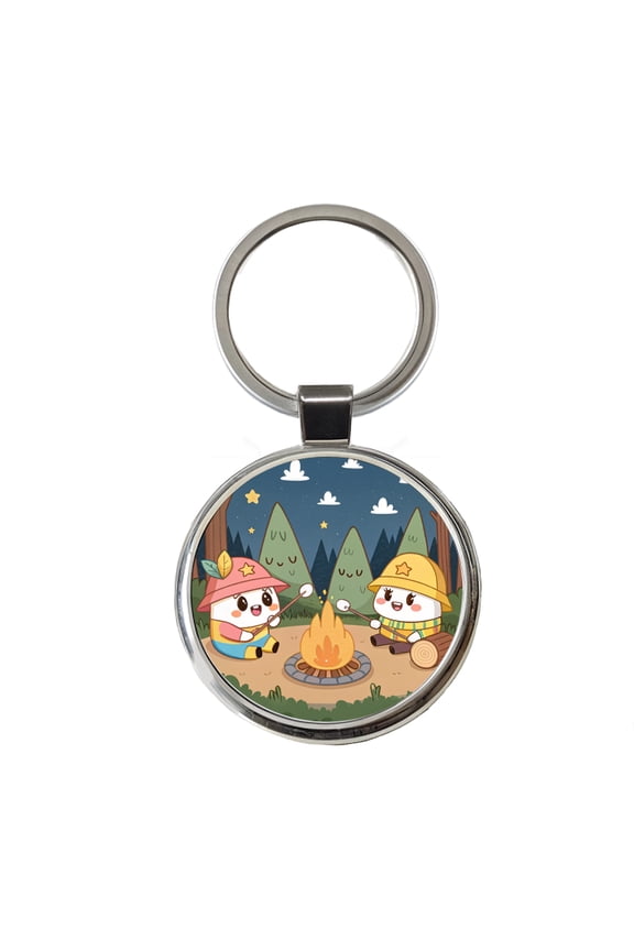 Kawaii Camping Roasting Marshmallows Metal Round Keychain