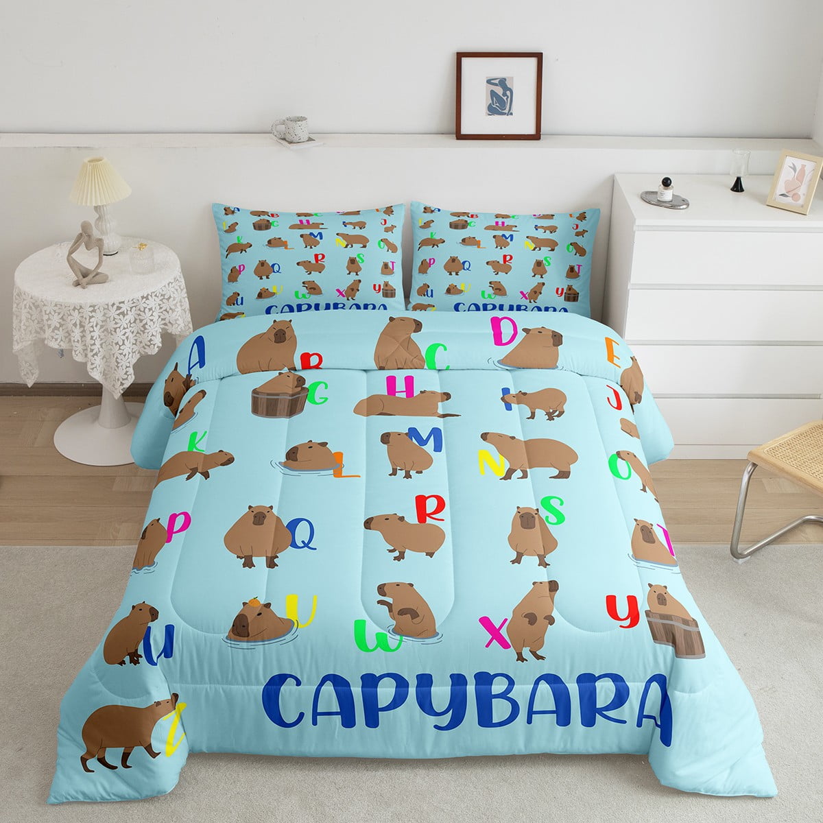 Kawaii Capybara Bedding Twin for Kids Toddlers Alphabet Comforter Set