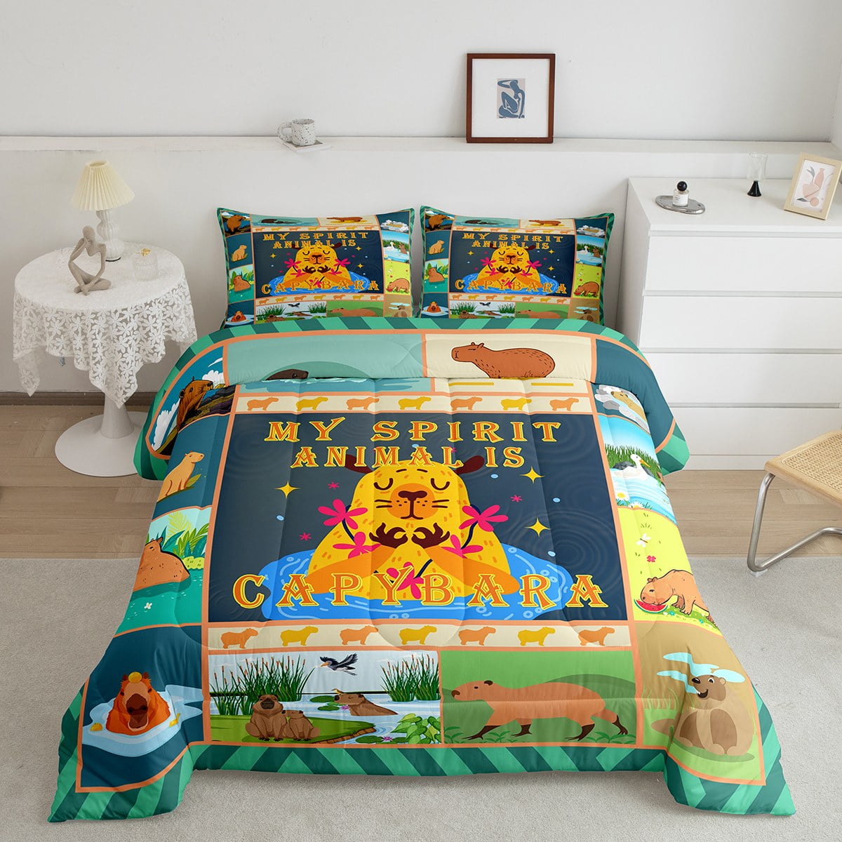 Kawaii Capybara Comforter Set Geometry Patchwork Bedding Queen Size ...