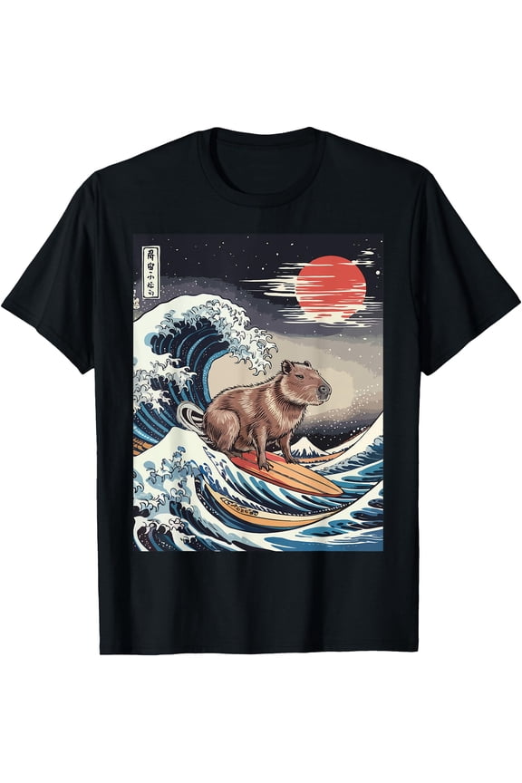 Kawaii Capybara Great Wave Surfing Japanese Propaganda Style T-Shirt