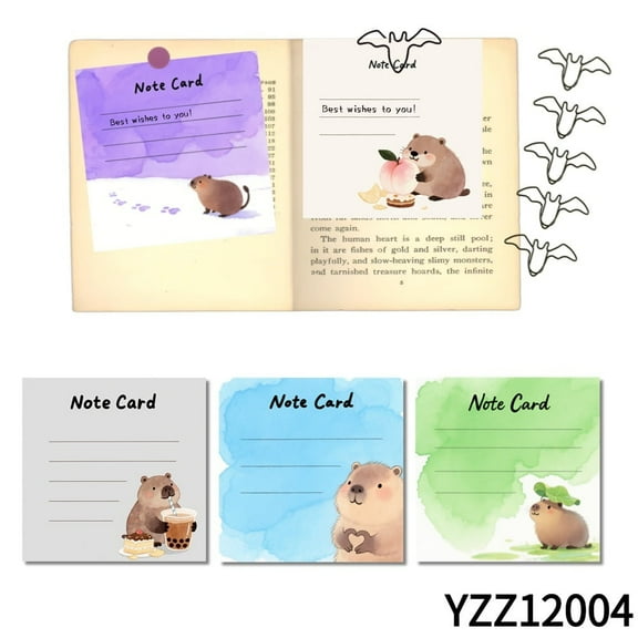 Kawaii Capybara Stationery Set,100-Pack 3.54x3.54 Inch Note Cards with 105 Round Stickers Tapes for Gifts, Watercolor Animal Mini Cards for Emotional Notes,Office Note Paper, Home Message Decor