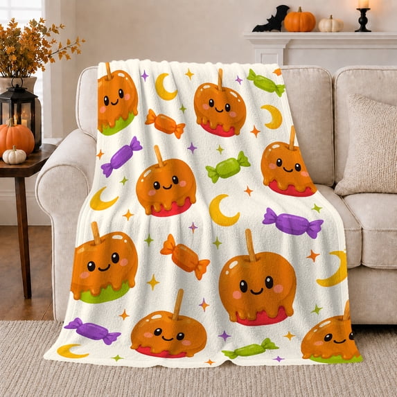 Kawaii Caramel Apple Smile Print, Cozy Friendship Quote Scene, Warm Flannel Blanket for Living Room and Reading Nook, Art Lovers Thanksgiving Gift, Playful Home Decor