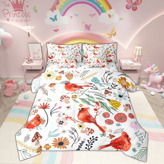 Kawaii Cardinal Comforter Set 7 Piece Bed in a Bag Twin,Mushroom Floral Cartoon Animal Bedding Sets Watercolor Flowers Leaves Sheet Set with Comforter