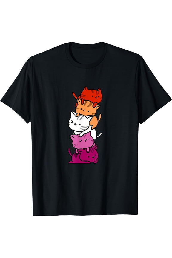 Kawaii Cartoon Cat Pile Orange Pink Lesbian Pride T-Shirt for Fun and Unique Style