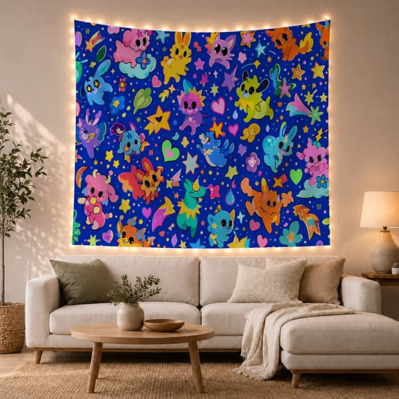 Kawaii Cartoon Creatures Against a Dark Blue Background, Whimsical Illustration for Anime Lovers, Colorful Character Art Decor, Birthday Gift Tapestry Wall Hanging for Dorm and Bedroom