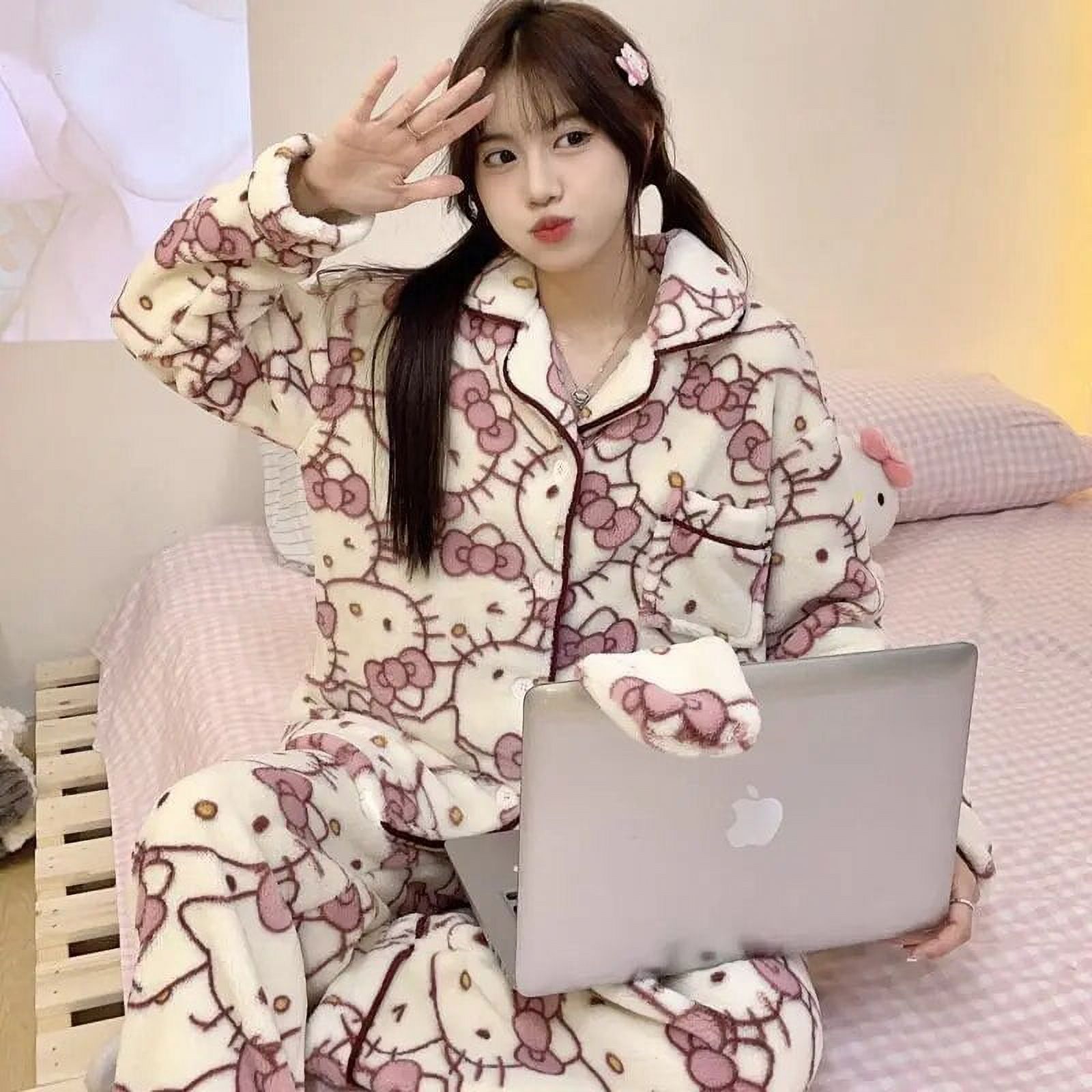 Women’s Fluffy Pajama Set (2pcs) – Super Cute Mokomoko Loungewear with Ribbon Chest Detail