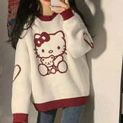 Kawaii Cartoon Hellokitty Stuff Women‘s Knitted Sweater Anime Thickened Pullover Autumn Winter Girly Crew Neck Preppy Look Tops