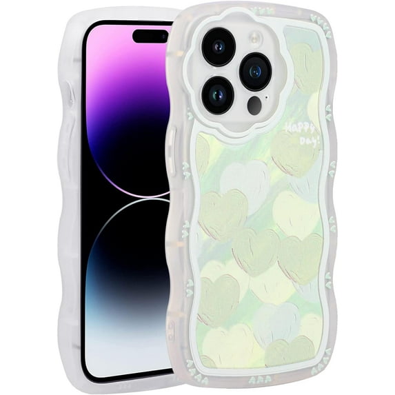 Kawaii Case for iPhone 14 Pro, Case Cute Cartoon Green Love for Girls Kids Teens Phone Cases Cover for iPhone 14 Pro 2022 (6.1 Inch), Green Heart Pattern