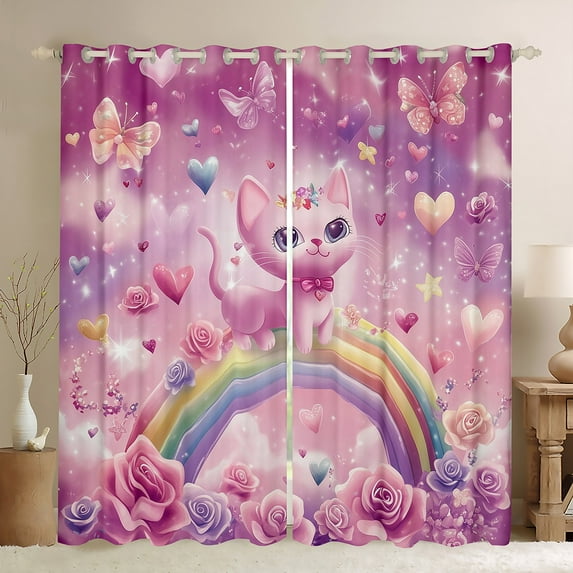 Kawaii Cat 30%-50% Blackout Curtains (42Wx90L) 2 Panels Cartoon Kitten Curtains Teens,Rainbow Flowers Butterfly Printed Curtains & Drapes Cute Pet Animals Window Treatments,Purple Pink