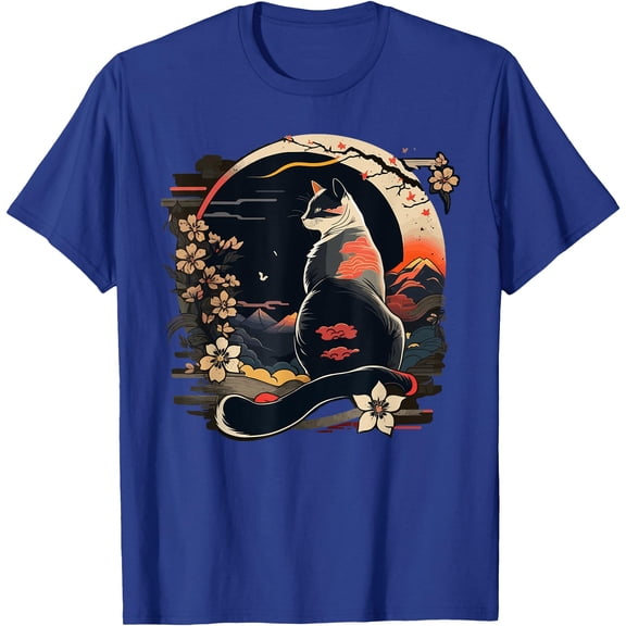 Kawaii Cat Anime Japanese Retro Funny Unisex T-Shirt for Men Women Kids Toddler,Royal Blue Color,Size YS