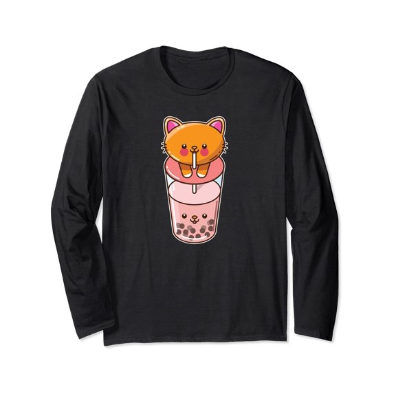 Kawaii Cat Boba Bubble Tea Cute Fun Long Sleeve T-Shirt for Casual Wear