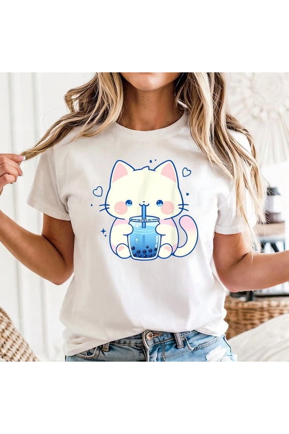 Kawaii Cat Boba Japanese cute aesthetic Anime Girls Teens T-Shirt Unisex, Sizes S-5XL, Tbun