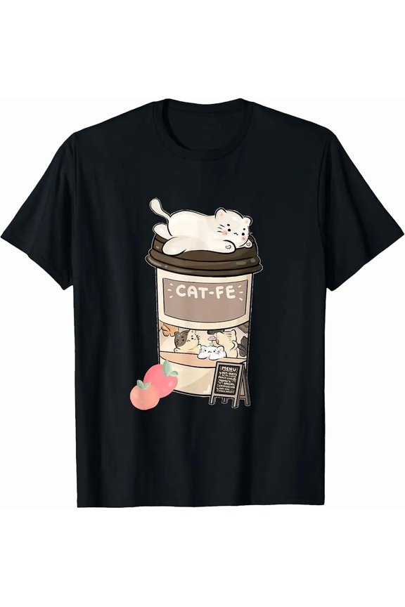 Kawaii Cat Cafe Anime Kitty Coffee Neko Cute Puns Winter Graphic Unisex T-Shirt, up to size 5XL