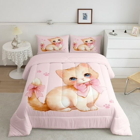 Kawaii Cat Comforter Set Twin Size,Pink Bowknot Decor Cat Bedding Sets 2Pcs,Sweet Pet Animals Quilt Set Teens Woman Room Decor,Princess Bow Girly Duvet Insert,1 Pillowcase