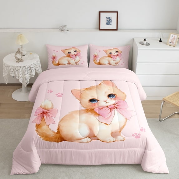 Kawaii Cat Comforter Set Twin Size,Pink Bowknot Decor Cat Bedding Sets 2Pcs,Sweet Pet Animals Quilt Set Teens Woman Room Decor,Princess Bow Girly Duvet Insert,1 Pillowcase