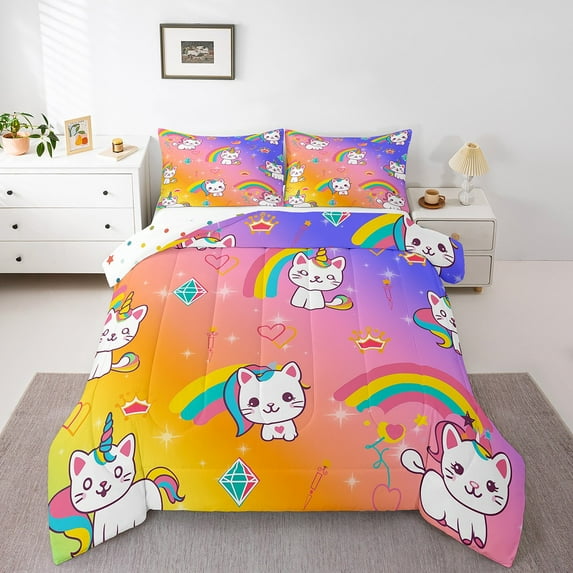 Kawaii Cat Comforter Set Gradient Rainbow Twin Bedding Sets ,Cute Pet Quilt Cartoon Animals Duvet Insert Love Hearts Crown Room Decor