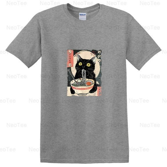 Kawaii Cat Eating Ramen Noodles Funny Anime Gift Girls Teens Feline T-Shirt Unisex, up to 5XL