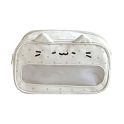 Kawaii Cat Face Pencil Pouch, 8.2x3.9x2.7 Inch Polka Dot Zipper Case with Clear Window & Ears