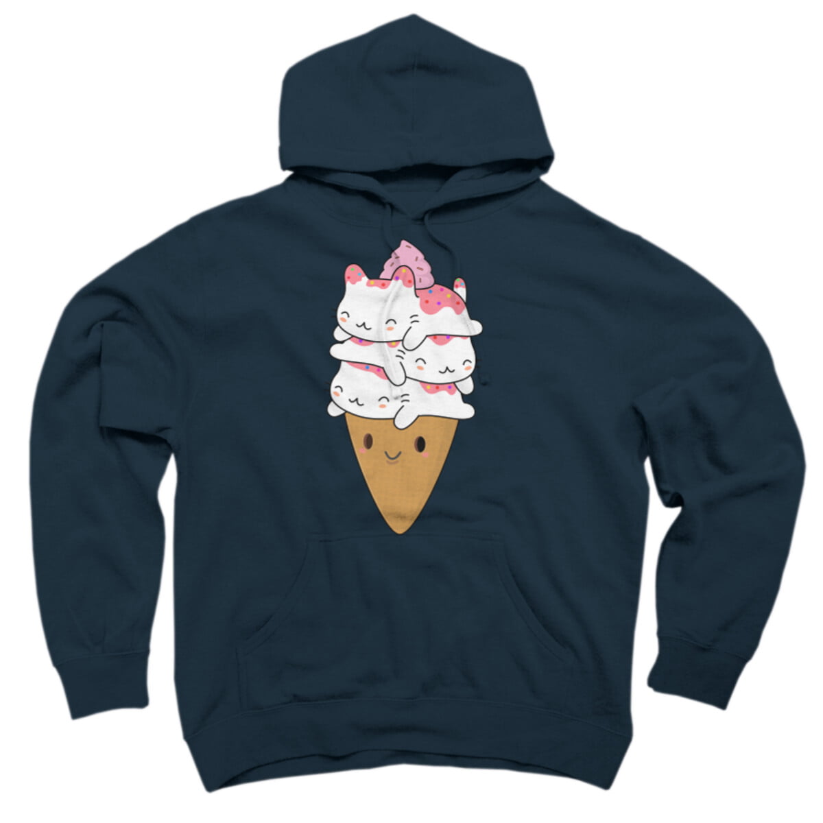 Kawaii Cat Ice Cream Cone Navy Blue Graphic Pullover Hoodie