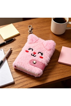 Kawaii Cat Plush Notebook Journal for Girls, Mini Fluffy Diary with Keychain Clip, Portable Writing Pad Backpack Hanging Accessory, Cute School Gift Stationery