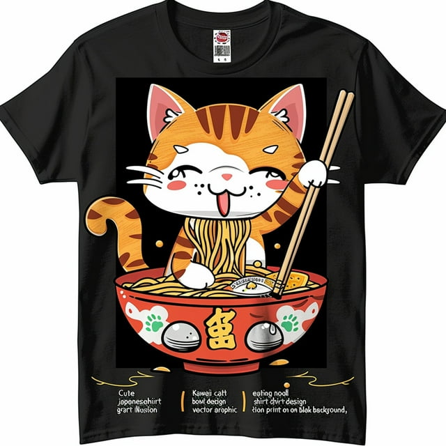 Kawaii Cat Ramen Lover Graphic Tee Japanese Style Tshirt For Cat Lovers Unique Black Shirt 6407